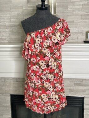 Rue21 One Shoulder Pink Floral Relax Elastic Top Mini Dress Size Medium